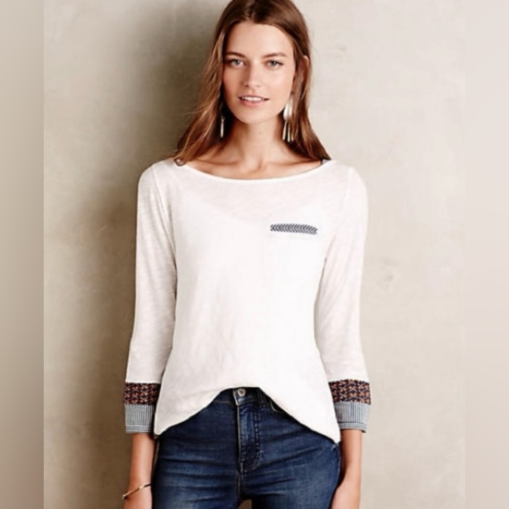 Little Yellow Button Anthropologie Boatneck Stripe Trim Shirt in White sz Small